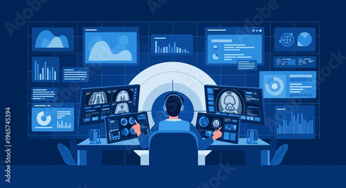 Medical Data Analysis: Doctor Monitoring Patient Scans on Futuristic Digital Dashboard