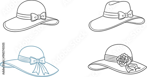Line Art Collection of Elegant Women’s Hats with Bows and Flower Decorations