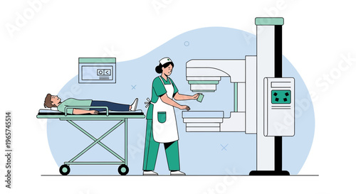 Medical Imaging Room: Patient on Gurney, Nurse Operating CT Scanner