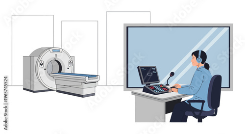 Medical Imaging Room with CT Scanner and Technician in Control Booth