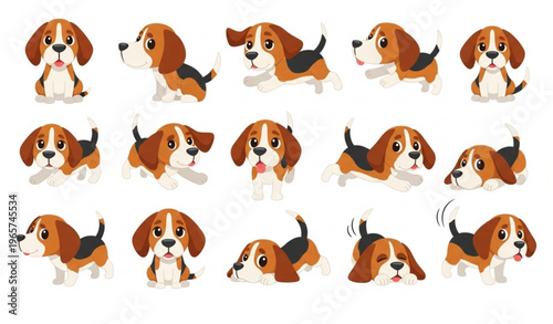 Cute beagle dog cartoon vector set with funny pet character in different poses