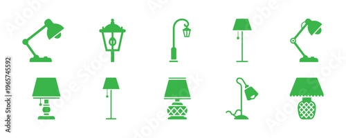 Diverse lamp icon pack featuring simple solid silhouettes.