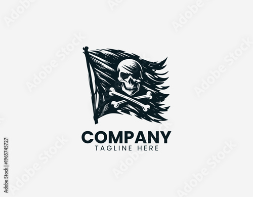 A pirate flag with skull and crossed bones is illustrated in a clean modern black vector logo illustration