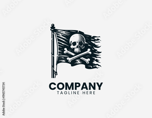 A pirate flag with skull and crossed bones is illustrated in a clean modern black vector logo illustration