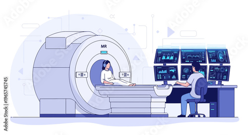 Medical MRI Scan: Patient in Machine, Doctor Monitoring on Computers