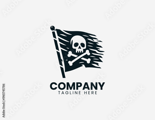 A pirate flag with skull and crossed bones is illustrated in a clean modern black vector logo illustration