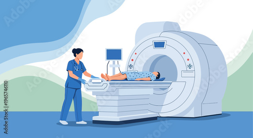 Medical professional assisting patient during MRI scan in modern clinic