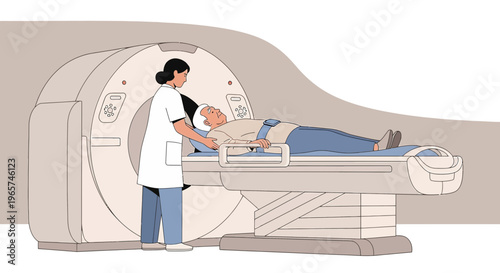 Medical professional assisting patient during CT scan in modern radiology department