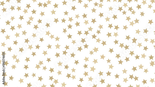 Seamless pattern of randomly scattered golden stars in various sizes on a clean white background, festive and elegant design.