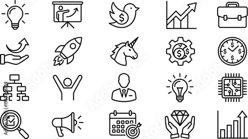 Business finance line icons set, startup growth strategy symbols, marketing analytics investment success, outline vector collection isolated on white