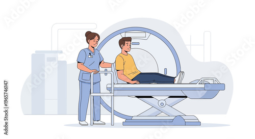 Medical professional assisting patient into MRI scanner for diagnostic imaging procedure.