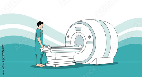 Medical professional assisting patient in MRI scanner for diagnostic imaging procedure