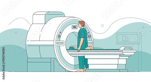 Medical professional assisting patient on MRI scanner bed in clinic