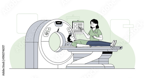 Medical professional explains CT scan procedure to patient lying on scanner bed