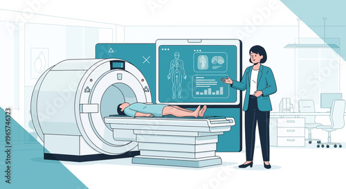 Medical Professional Explains MRI Scan Results on Screen to Patient in Clinic