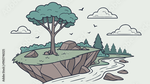 Surreal Floating Island Flat Vector