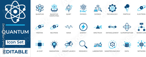 Editable quantum computing and physics vector icon set. Modern blue science, AI technology, and research symbols for UI and infographics.