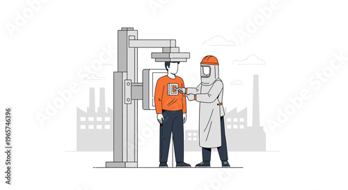 Medical professional in protective gear performs X-ray on patient in industrial setting