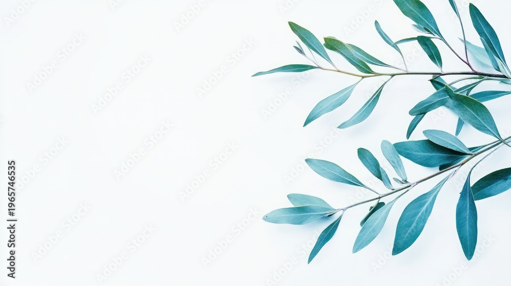Fototapeta premium Ethereal Olive Branch on Plain: A delicate olive branch with vibrant green leaves gracefully adorns a simple backdrop, invoking tranquility.