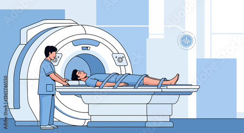 Medical professional operates MRI scanner with patient lying down for diagnostic imaging.