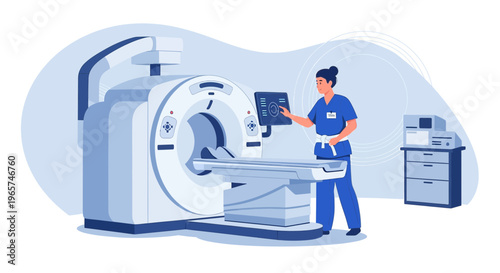 Medical professional operating CT scanner for patient diagnosis in a modern clinic