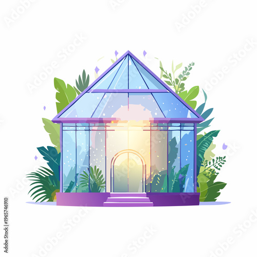 Bright and Modern Greenhouse Building Illustration with Diverse Plants and Warm Sunlight Effect