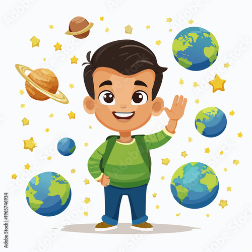 Cute boy waving hello surrounded by planets and stars, science and education concept