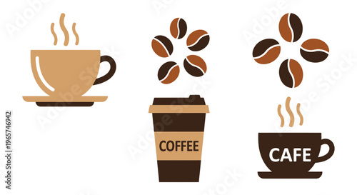 Brown coffee cups and coffee beans.
