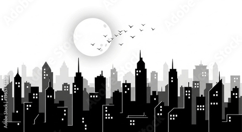 Black and white city skyline.