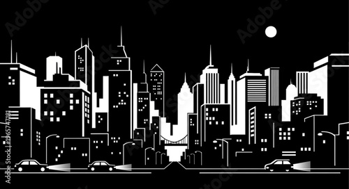 Black and white city skyline.