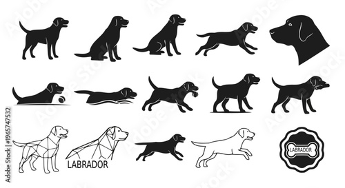 labrador retriever dog breed black silhouette logo set