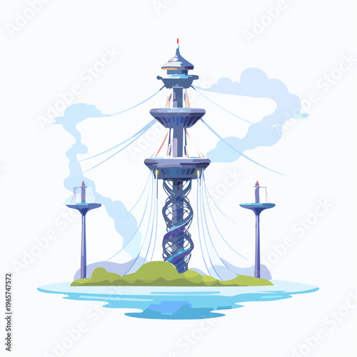 Futuristic Communication Tower on a Small Island with a Spiral Staircase and Satellite Dishes