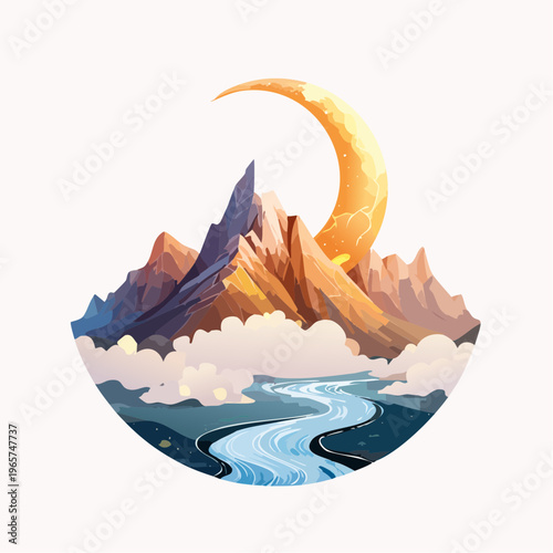 Enchanting Mountain Landscape with Crescent Moon and Flowing River at Sunrise