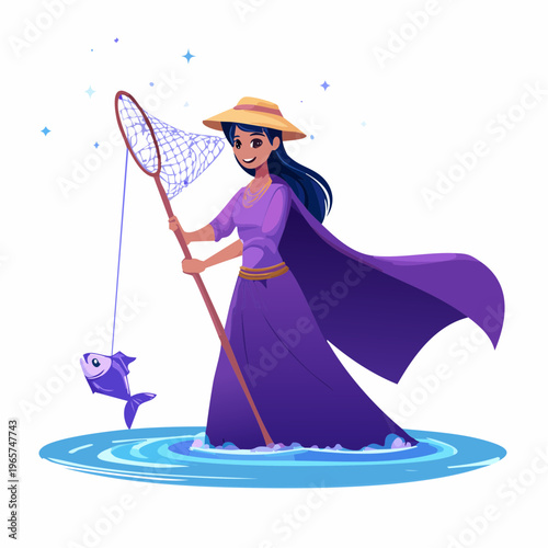 Woman fishing with net in water with a caught fish, concept of success
