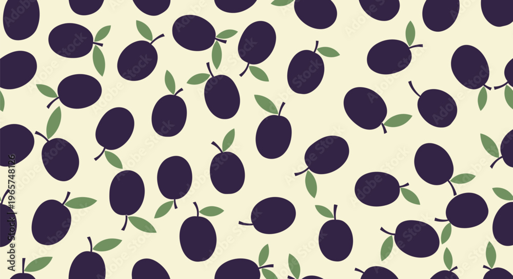 Fototapeta premium Plums and leaves pattern, seamless repetition of dark purple fruits and green foliage, healthy food background, simple flat design, light yellow and dark shades.