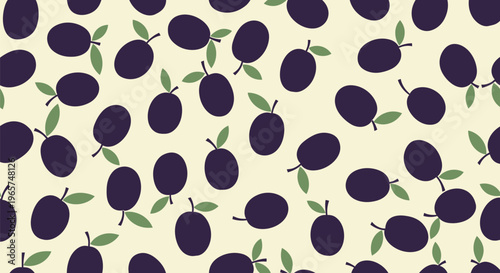 Plums and leaves pattern, seamless repetition of dark purple fruits and green foliage, healthy food background, simple flat design, light yellow and dark shades.