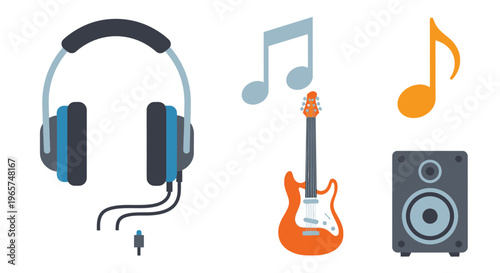 Headphones with guitar music equipment.