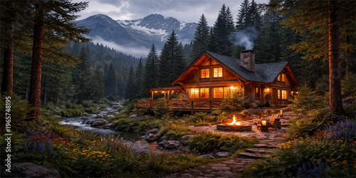 A rustic wooden chalet stands nestled in a lush green meadow, offering a scenic view of the alpine forest and towering mountain peaks under a clear summer sky