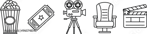 Cinema entertainment line icons set, popcorn ticket film camera director chair clapperboard symbols, movie industry outline vector illustration