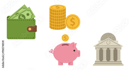 Piggy bank with money and coins.