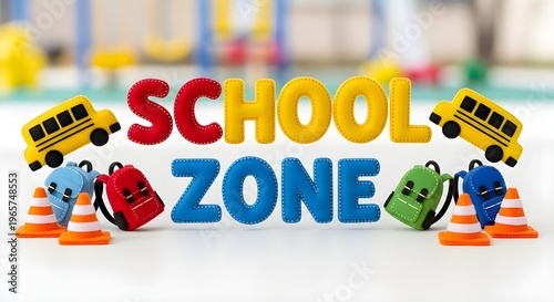 Felt Stitch School Zone Typography – Cute 3D Fabric Letters with Bus & Backpack Icons, Kids Safety Playground Poster, Colorful Textile Style Wall Art