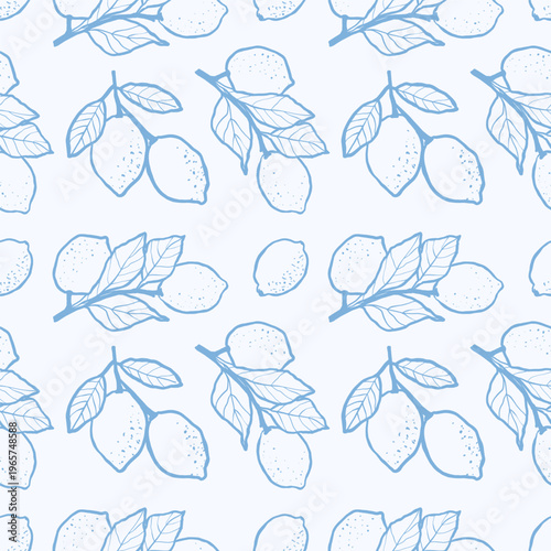 Seamless pattern with Hand-drawn lemon branch. Good for print, textile pattern or wallpaper, botanical backgrounds.
