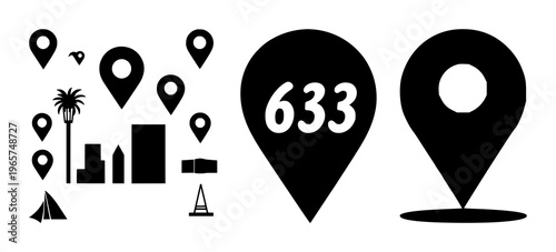 Location pin set with solid black icon on white background featuring icon, location pin, travel with geography and navigation