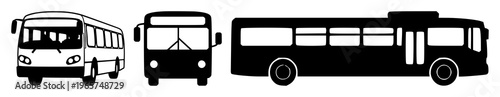 Bus travel icon set with solid black icon on white background featuring bus, travel, transportation with vector and line art