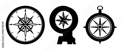 Solid black icon, white background: compass navigation set with simple line art design featuring outline, illustration, graphic elements with clean design and vector art