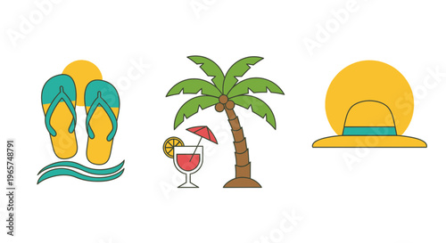 Tropical vacation icons flip flops palm tree.