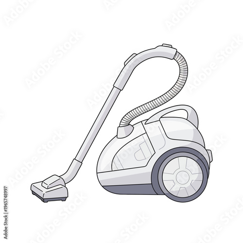Modern white canister vacuum cleaner with hose and floor nozzle, isolated on white background