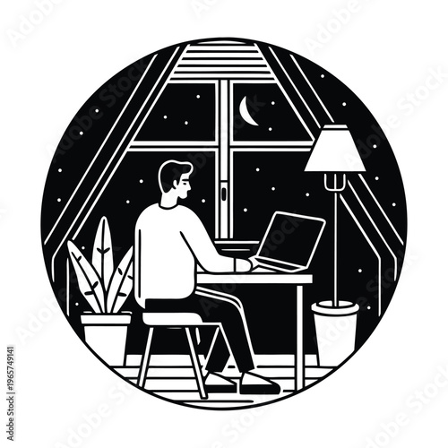 Man working on laptop at night, home office illustration, black and white vector, remote work concept