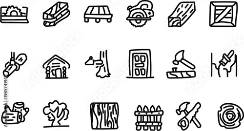 A collection of black and white icons related to carpentry and woodworking