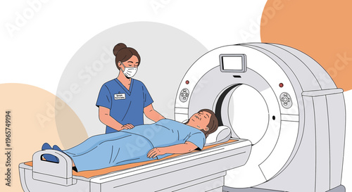 Medical Scan: Nurse Assists Patient in CT Scanner for Diagnostic Imaging